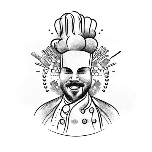 chef cooking surrounded by vegetables with everything in flames tattoo design idea