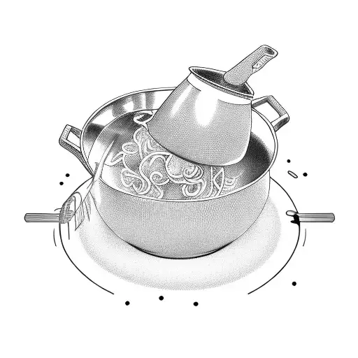 chef cooking in the kitchen surrounded by vegetables with the wok tossing noodles tattoo design idea