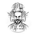 chef cooking surrounded by vegetables with everything in flames tattoo design idea