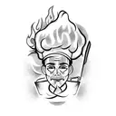 chef cooking surrounded by vegetables with everything in flames tattoo design idea