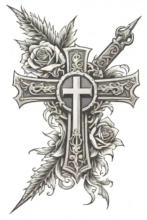 tattoo of a cross with a banner that says “in god we trust” with flowers and spikes tattoo design idea