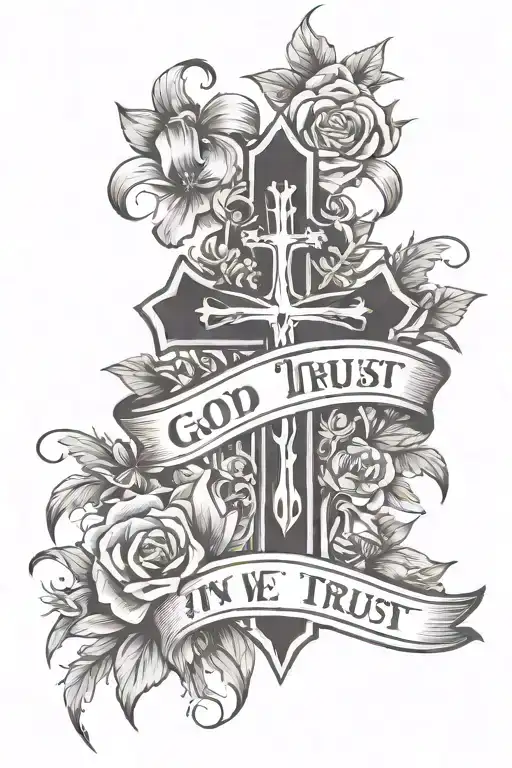 tattoo of a cross with a banner that says “in god we trust” with flowers and spikes tattoo design idea