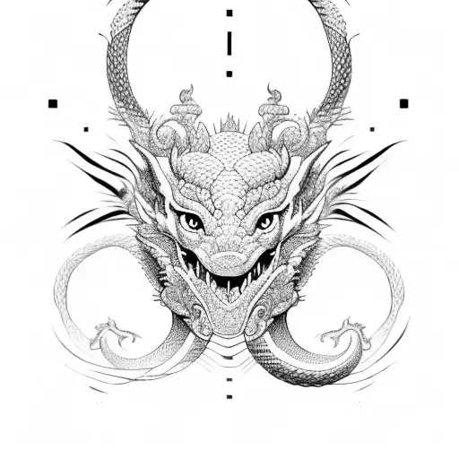 Creating a minimalist and geometric representation of the dragon dog and snake intertwined tattoo design idea