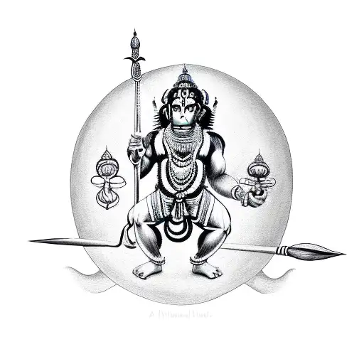 A detailed sketch of Lord Hanuman holding a trident, surrounded by spiritual symbols tattoo design idea