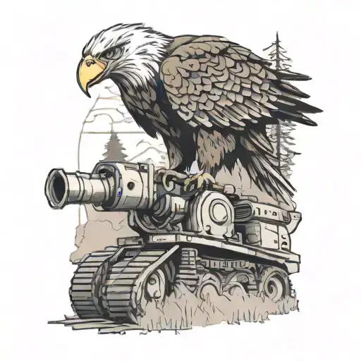 A majestic eagle perched on a heavy equipment machine in a North American wilderness setting tattoo design idea