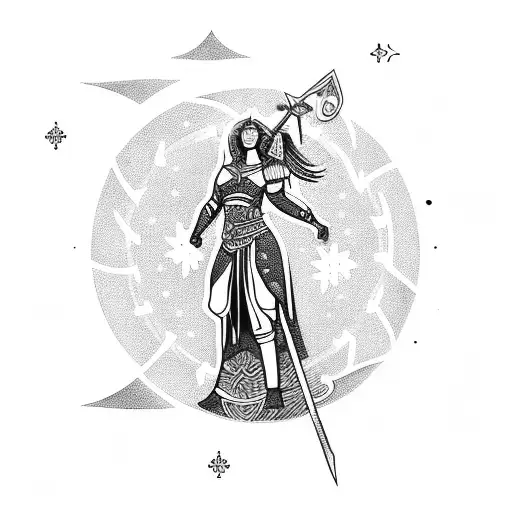 A blackwork tattoo of a warrior princess breaking chains, with constellations in the background tattoo design idea