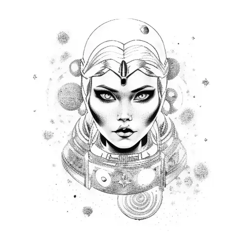 A cosmic warrior princess traveling solo through different galaxies tattoo design idea