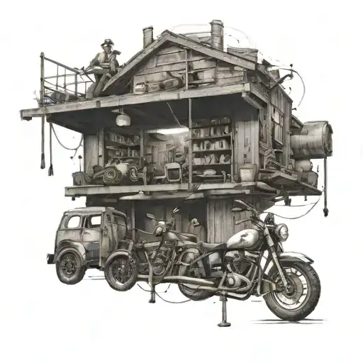 A dotwork tattoo of a carpenter's workshop with intricate details of old cars and motorcycles hanging from the ceiling tattoo design idea