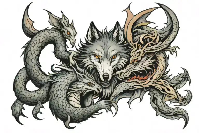 Wolf and dragon intertwined tattoo design idea