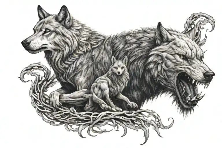 Wolf and dragon intertwined tattoo design idea