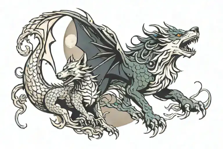 Dragon and wolf howling at the moon tattoo design idea