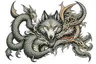 Wolf and dragon intertwined tattoo design idea