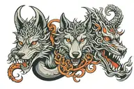 Wolf and dragon intertwined tattoo design idea