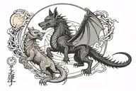 Dragon and wolf howling at the moon tattoo design idea