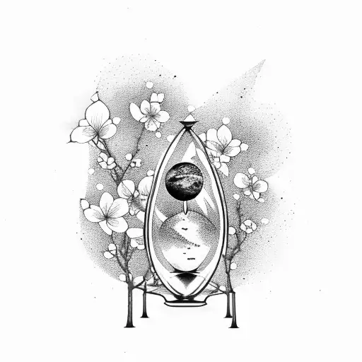 an hourglass with 00:00 on the time with cherry blossom and space tattoo design idea
