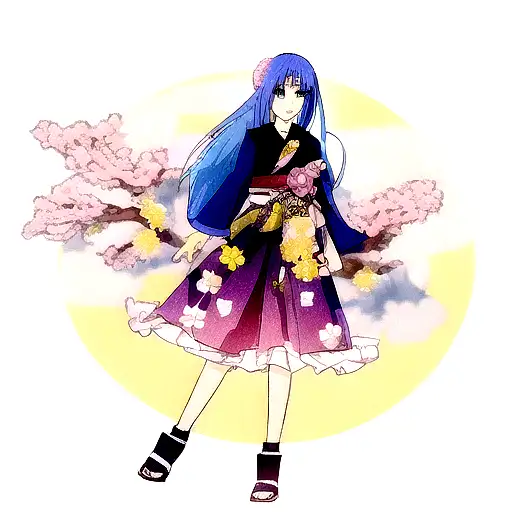 a girl with blue hair and yellow eyes with sakura flowers around her tattoo design idea
