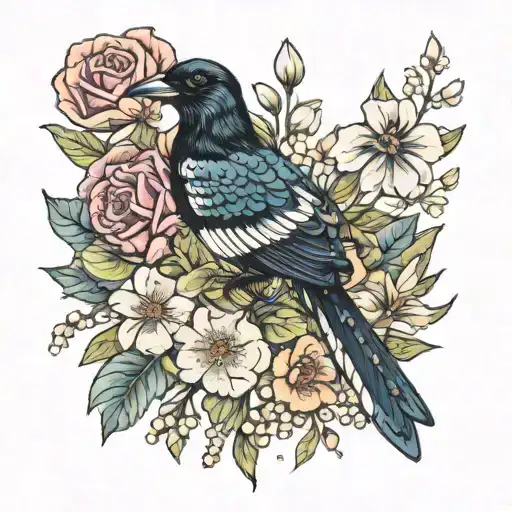 magpie holding a bouquet including a carnation, violet, daffodil, lily of the valley, rose, morning glory, cosmos in its tattoo design idea