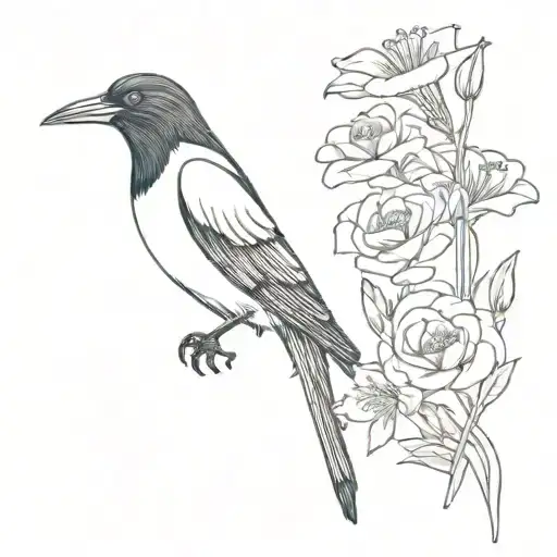 magpie holding a bouquet including a carnation, violet, daffodil, lily of the valley, rose, morning glory, cosmos in its tattoo design idea