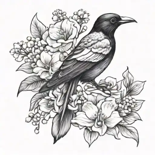 magpie holding a bouquet including a carnation, violet, daffodil, lily of the valley, rose, morning glory, cosmos in its tattoo design idea