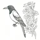 magpie holding a bouquet including a carnation, violet, daffodil, lily of the valley, rose, morning glory, cosmos in its tattoo design idea