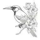 magpie holding a bouquet including a carnation, violet, daffodil, lily of the valley, rose, morning glory, cosmos in its tattoo design idea