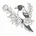 magpie holding a bouquet including a carnation, violet, daffodil, lily of the valley, rose, morning glory, cosmos in its tattoo design idea