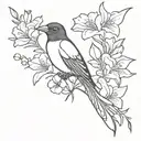 magpie holding a bouquet including a carnation, violet, daffodil, lily of the valley, rose, morning glory, cosmos in its tattoo design idea