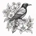 magpie holding a bouquet including a carnation, violet, daffodil, lily of the valley, rose, morning glory, cosmos in its tattoo design idea