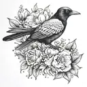 magpie holding a bouquet including a carnation, violet, daffodil, lily of the valley, rose, morning glory, cosmos in its tattoo design idea