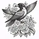 magpie holding a bouquet including a carnation, violet, daffodil, lily of the valley, rose, morning glory, cosmos in its tattoo design idea
