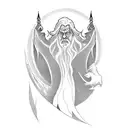 A tattoo inspired by the Lord of the Rings, featuring a silhouette of Gandalf standing on a mountain peak, symbolizing the client's passion for movies and fantasy. tattoo design idea