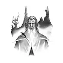 A tattoo inspired by the Lord of the Rings, featuring a silhouette of Gandalf standing on a mountain peak, symbolizing the client's passion for movies and fantasy. tattoo design idea