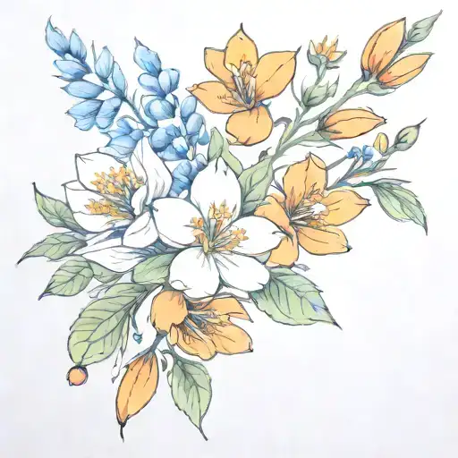 bluebonnet, magnolia, and orange blossom bouquet tied tattoo design idea