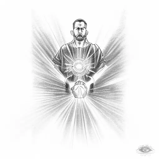 A sketch-style design of a person kneeling in prayer, with a beam of light from above illuminating them tattoo design idea