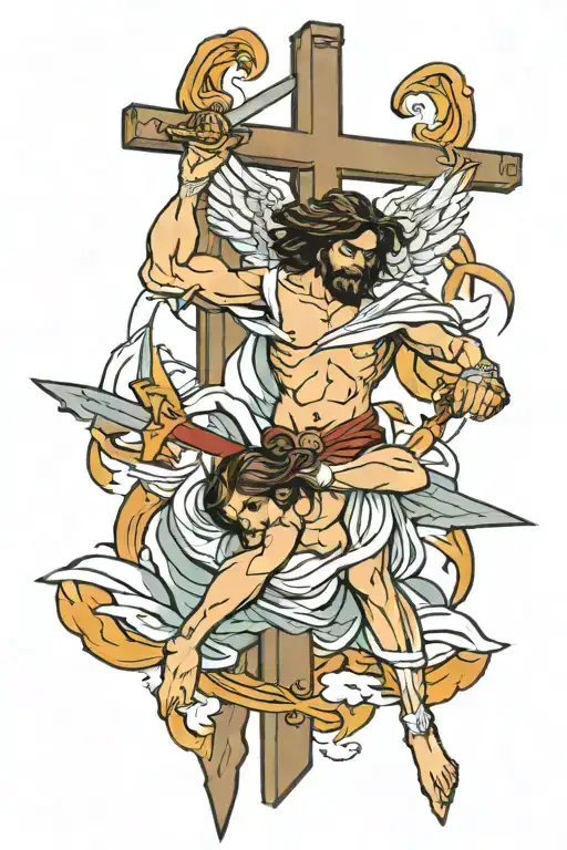 Angels with swords looking down to jesus on the cross tattoo design idea