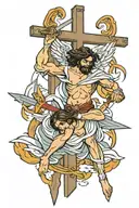Angels with swords looking down to jesus on the cross tattoo design idea
