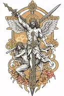 Angels with swords looking down to jesus on the cross tattoo design idea