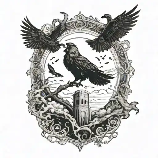 Norse mythology scene with Odin and ravens flying towards tattoo design idea