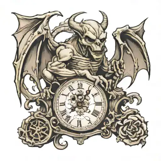 gargoyle pearched on broken clock with a trident of skulls  tattoo design idea