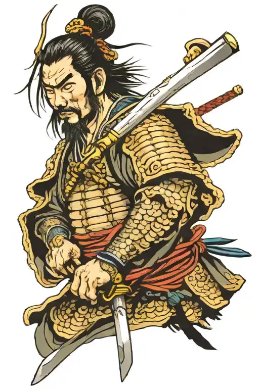 japanese samurai with armor and sword piercing tattoo design idea