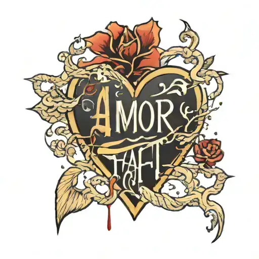 "Amor Fati" text around kintsugi heart tattoo design idea