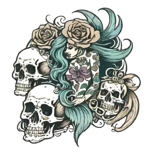 mermaid, skull, bison, whiskey cash tattoo design idea