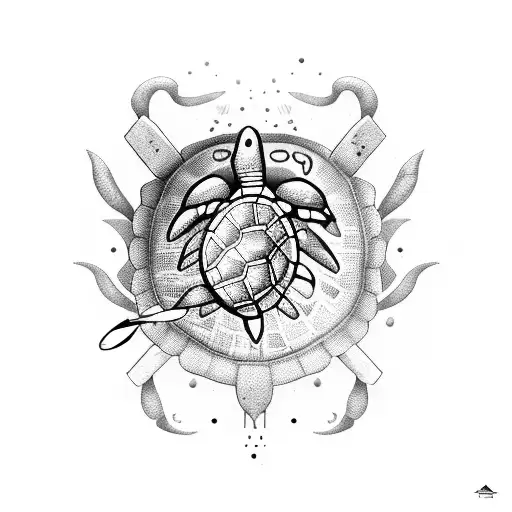 A sea turtle playing tennis with a shell as the racket tattoo design idea