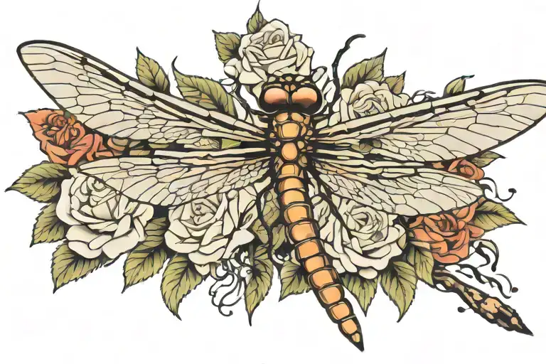 Dragonfly white rose tattoo design idea