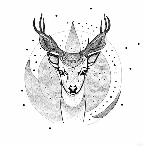 A dotwork tattoo of a serene moon surrounded by constellations, with a deer peacefully grazing below tattoo design idea