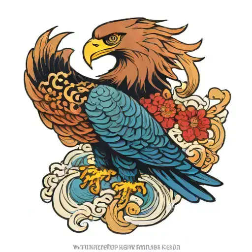 japanese atyle eagle with japanese waves tattoo design idea