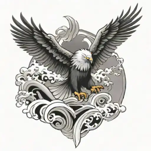 japanese atyle eagle with japanese waves tattoo design idea