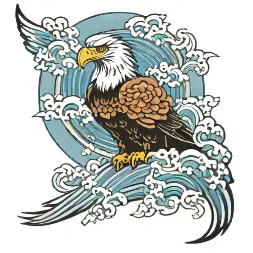 japanese atyle eagle with japanese waves tattoo design idea