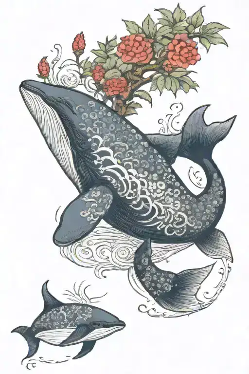 Japanese Rowan tree and whale swimming  tattoo design idea