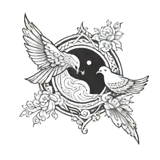 A tattoo design incorporating a yin yang symbol and a dove to represent balance and peace tattoo design idea